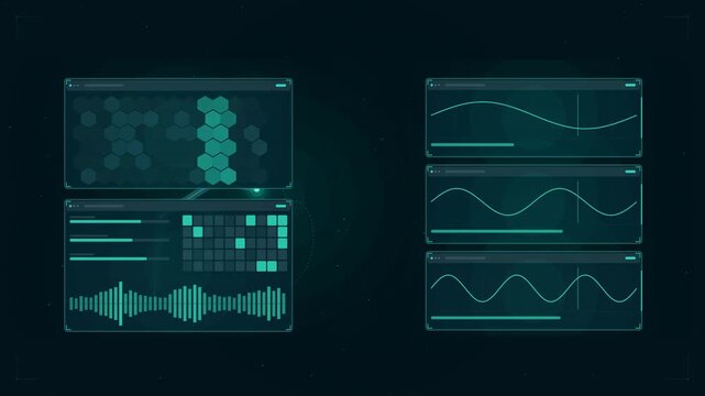Abstract animated robot control axes tracking drawn as cyan and teal lines and shapes on a deep dark background. Seamless looping 4K motion graphics video with free space for text, ideal for industry 