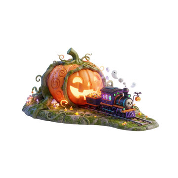 Tiny 3D Haunted Train Emerging From a Pumpkin Tunnel, cute surreal Halloween style, polished 3D render, crisp vivid colors, on white background