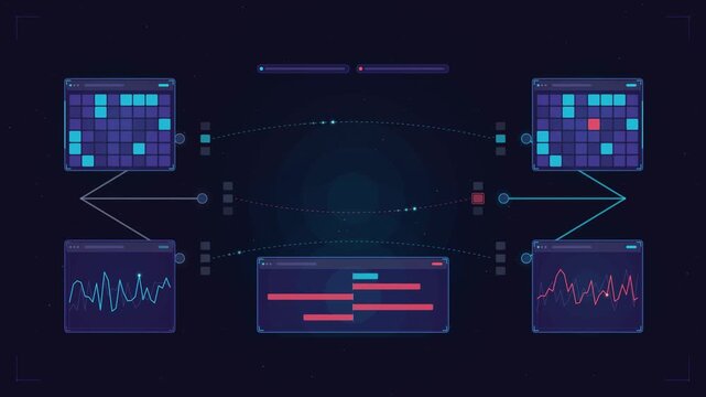 Abstract animated digital twin models syncing drawn as blue and cyan lines and shapes on a deep dark background. Seamless looping 4K motion graphics video with free space for text, ideal for technolog