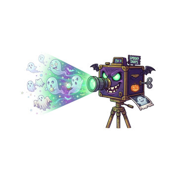 Haunted Camera Taking Pictures of Invisible Ghosts, Halloween cartoon, on white background