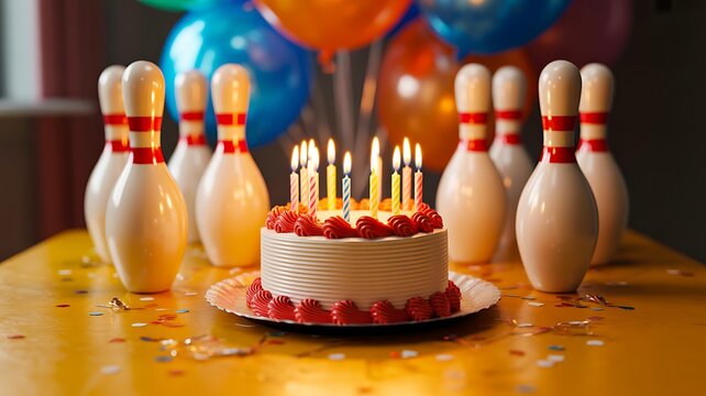 Birthday cake with candles and bowling pins at a colorful celebration
