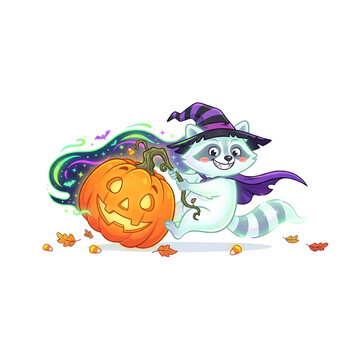 Ghost Raccoon Stealing a Giant Pumpkin, Halloween cartoon, crisp vivid colors, on white background