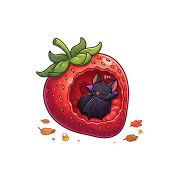 Vampire Bat Sleeping Inside a Giant Strawberry, Halloween cartoon, sharp clean line art, crisp vivid colors, on white background