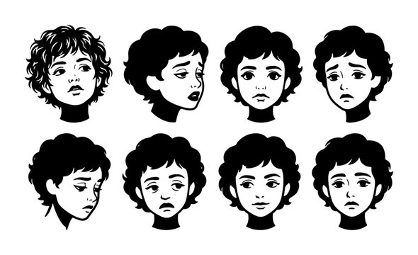 Collection of Sad Child Faces, Expressing Melancholy and Distress, Diverse Emotions, Black and White Vector Illustrations