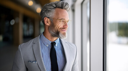 Fototapeta premium Confident mature male advisor in gray suit and glasses smiling while looking out window in modern office setting