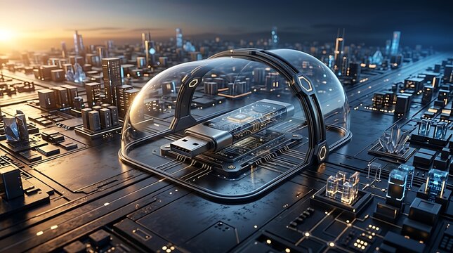 Usb flash drive inside a glass dome on a futuristic computer circuit board with glowing city lights and digital tech elements