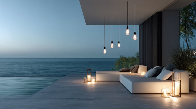 Modern villa ocean view infinity pool outdoor lounge evening minimalist luxury candlelight serene relaxation