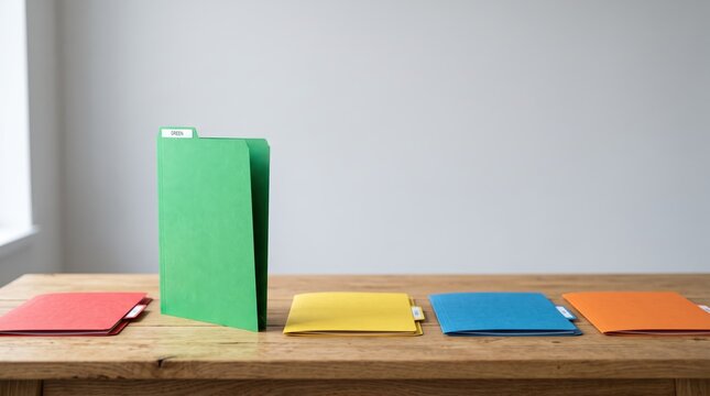 Colorful file folders standing and lying on wooden table for office organization, red green yellow blue orange document storage supplies, business administration