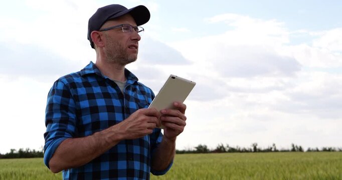 Agricultural expert analyzes crop data in field. Farmer uses tablet to monitor growth and make informed decisions. Bright sky enhances productivity atmosphere.