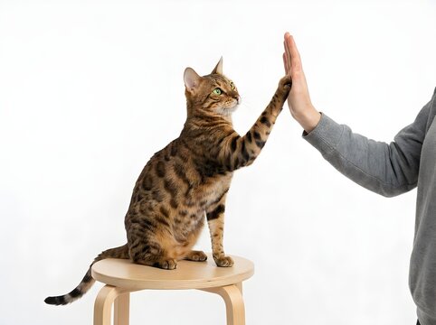 Cat gives a paw to its owner. High five. Domestic cat on a white background.