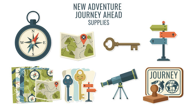 Illustration of travelthemed icons including a compass map keys signs telescope and a journey stamp on a white background