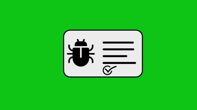 Bug reporting animation showing software error notification process on digital card against green screen background.