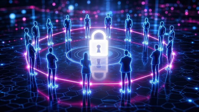Digital business people standing around a glowing padlock icon 3D render, cybersecurity and data protection concept with neon network connectivity for technology and cloud security marketing.