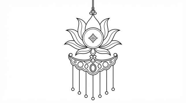 Intricate black outline tattoo flash of a decorative lotus blossom and ornate jewelry ornament with black line decorative art floral pattern ethnic design