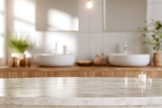 Empty table for product display in a blurred bathroom with a double sink and interior background