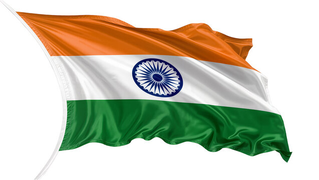 Waving Indian flag with saffron white and green stripes, isolated on transparent background
