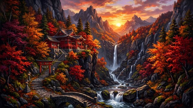 Japanese shrine waterfall autumn mountains sunset
