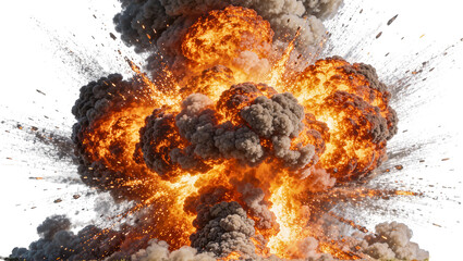 Massive fiery explosion with dark smoke and debris, isolated on transparent background © Florin