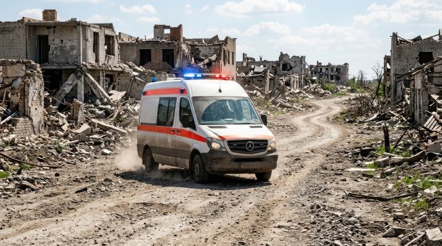 Ambulance navigating a devastated urban area surrounded by destroyed buildings and debris, symbolizing emergency response