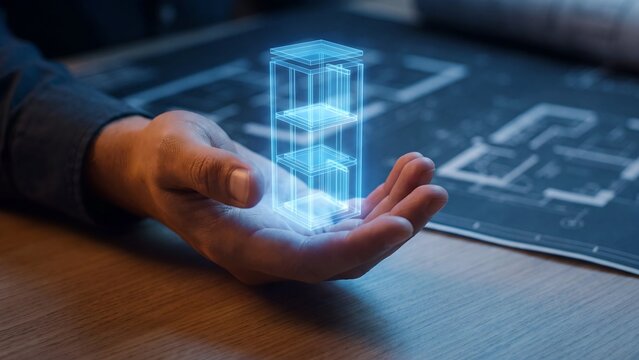 Building architecture design platform, engineer hand holding holographic multilevel structure model above blueprint on desk, construction planning, real estate development and structural engineering