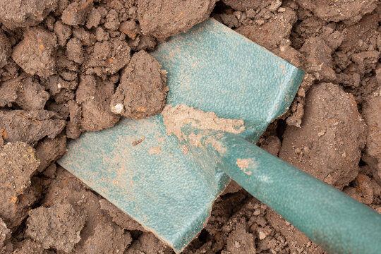 Digging clay soil, poor quality heavy top soil, being dug in a garden background backdrop. Home gardening chore concept