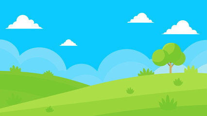Fototapeta premium Cartoon landscape with tree and clouds sky