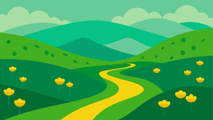 Fototapeta premium Green hills with yellow road and flowers