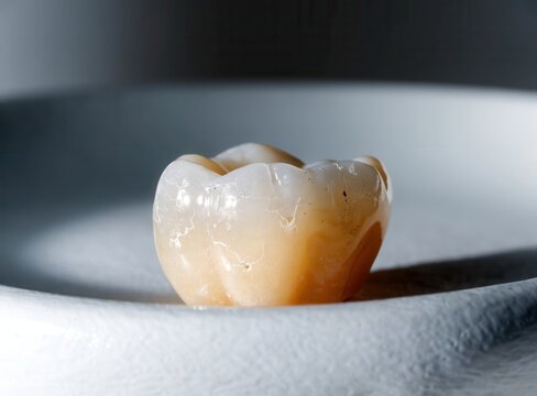 Dental clinic implants consultation concept. Close-up of a single molar tooth with detailed texture on a smooth, curved surface under soft lighting.