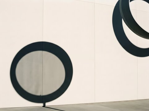 Abstract black circles on a white wall with shadow and light architectural detail
