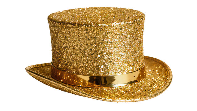Sparkling gold glitter top hat with shiny band, isolated on transparent background