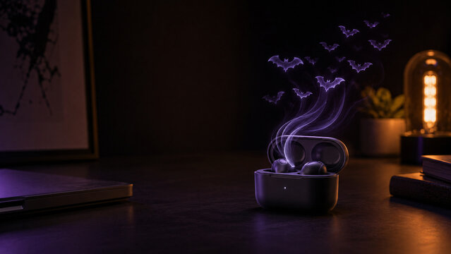  Wireless earbuds releasing glowing purple bat-shaped vapor from their charging case in a dark Halloween workspace.