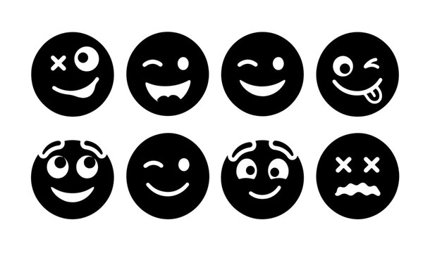 Set of 8 Black Emoji Icons, Expressive Faces, Vector Graphics for Digital Communication and Social Media