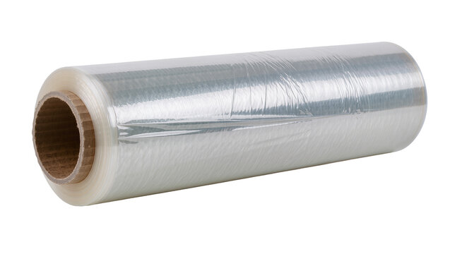 Clear plastic wrap roll with cardboard core, isolated on transparent background