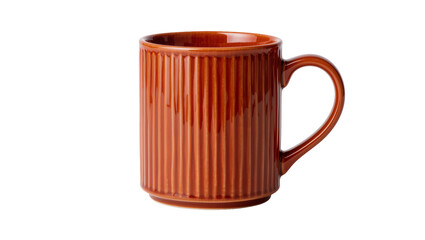 Glossy ribbed terracotta ceramic mug with handle, isolated on transparent background