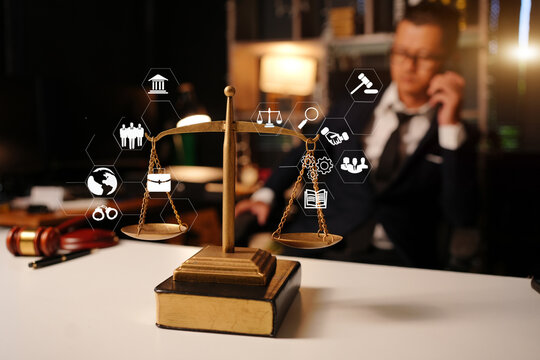 Lawyer working late in office documents with legal icon 