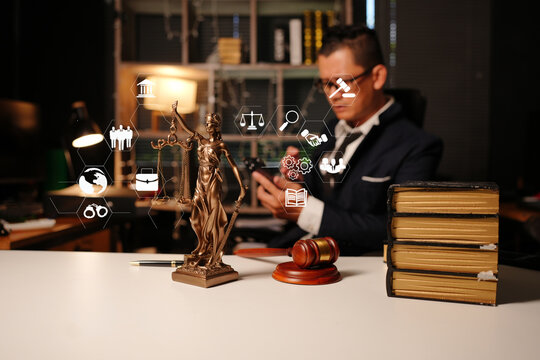 Lawyer working late in office documents with legal icon 