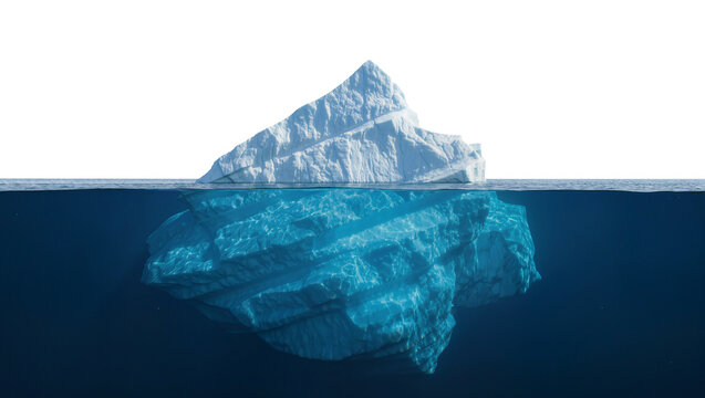 Massive iceberg with submerged underwater portion, isolated on transparent background