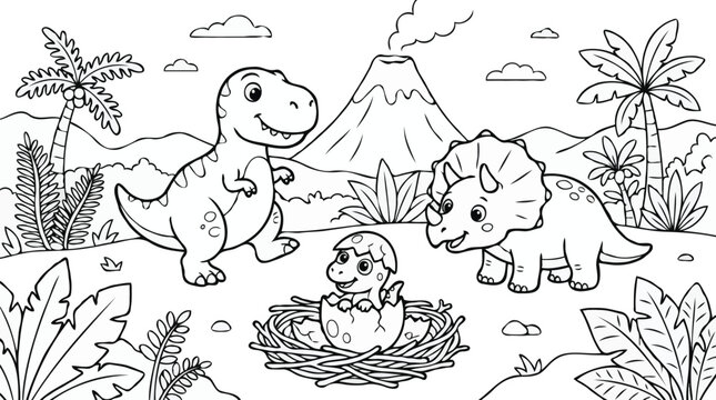 Line Art Coloring Page of Cute Dinosaurs Baby Hatching and Smoking Volcano