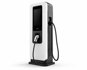 Fototapeta premium Modern EV Charging Station with Touchscreen and Cable on White