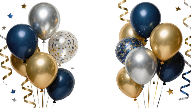 Navy blue gold and silver balloons with confetti, isolated on transparent background