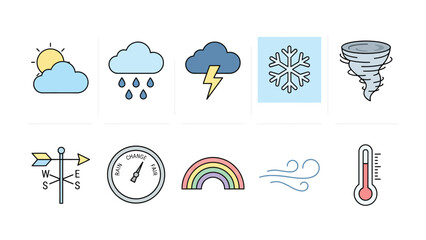 Obraz premium Weather Icons: A collection of colorful icons representing various weather phenomena, including sun, rain, storm, snowflake, tornado, wind, rainbow, compass, thermometer, and weather vane.