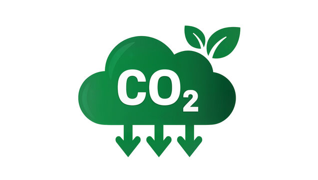 Green CO2 cloud with leaves and downward arrows, isolated on transparent background