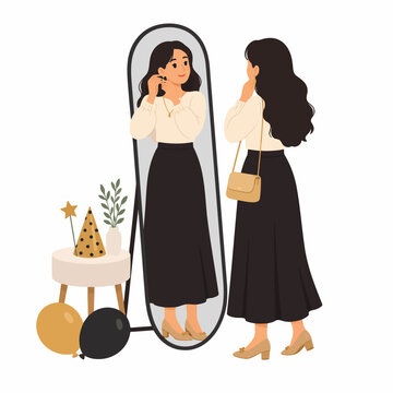 A person getting dressed up and preparing for a New Year's Eve party. Festive Party Preparation by the Mirror