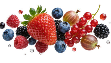 Assortment of fresh berries including strawberries blueberries raspberries blackberries red currants and gooseberries, isolated on transparent background © Matteo