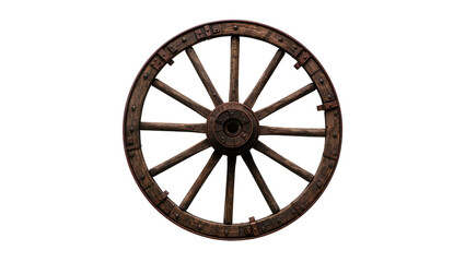 Rustic wooden wagon wheel with metal accents, isolated on transparent background © Matteo