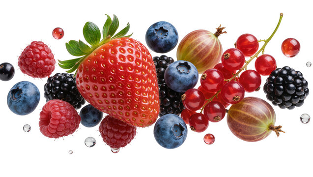 Assortment of fresh berries including strawberries blueberries raspberries blackberries red currants and gooseberries, isolated on transparent background
