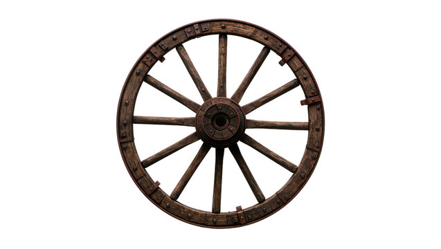 Rustic wooden wagon wheel with metal accents, isolated on transparent background