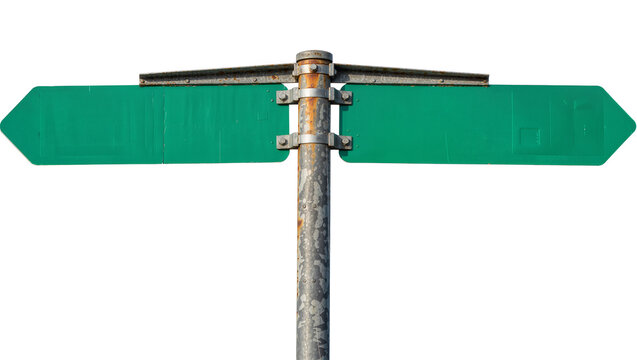 Two green directional arrow signs on a rusty metal pole, isolated on transparent background
