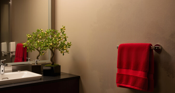 A private executive washroom in an office is subtly decorated with a tiny pistachio tree and a red hand towel.
