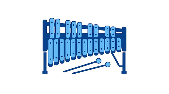 A blue duotone icon of a xylophone with two mallets on a white background